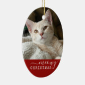 赤い猫パーソナライズされた写真Meowyクリスマス楕円 セラミックオーナメント (右)