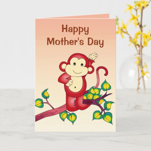 赤い猿の動物の母の日 カード (黄色い花)