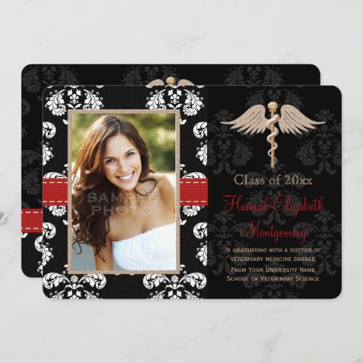 赤い獣医の獣医の学校の卒業の発表 招待状 (正面/裏面)