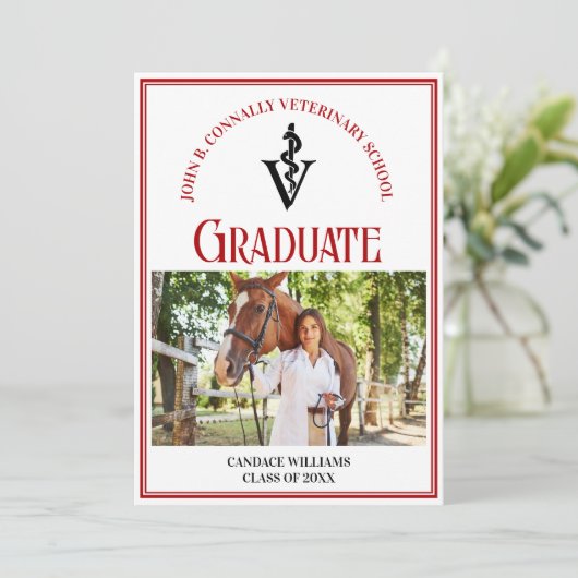 赤い獣医学校の写真カスタム卒業 案内状 (スタンド正面)
