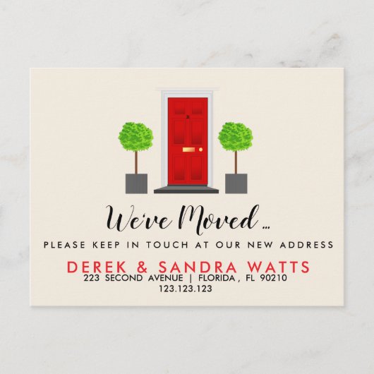 赤い玄関のドア我々は家を移動したアドレスの変更 案内ポストカード (正面)
