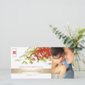 赤い玉緑の竹葉の中国の結婚写真 サンキューカード (スタンド正面)