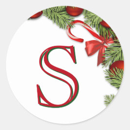 赤い玉飾りの松の葉のクリスマスの封筒のシール ラウンドシール