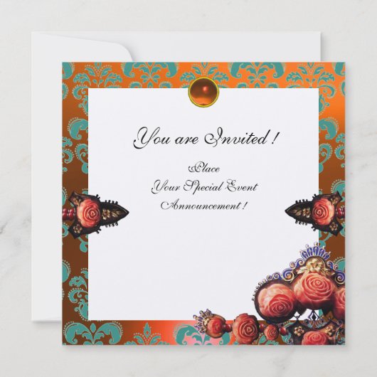 赤い珊瑚のバラ、オレンジ、青、金のダマスクのイニシャル 招待状 (裏面)