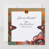 赤い珊瑚のバラ、オレンジ、青、金のダマスクのモノグラム 招待状 (裏面)