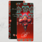 赤い珊瑚のバラ、ターコイズブルーのブラックダマスクのイニシャル 招待状 (正面/裏面)