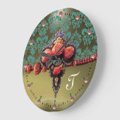 赤い珊瑚のバラ、ブルーグレーのダマスク織のモノグラム ラージ壁時計 (傾斜)