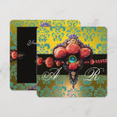 赤い珊瑚のバラ,水色と黄色のダマスク模様のイニシャル 招待状 (正面/裏面)