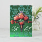 赤い珊瑚のバラ、青黒緑のダマスクのモノグラム 招待状 (スタンド正面)