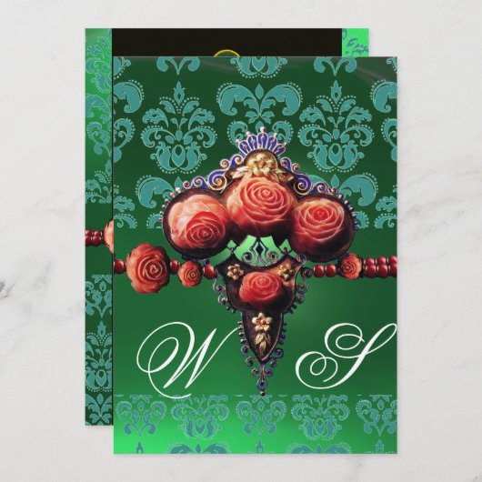 赤い珊瑚のバラ、青黒緑のダマスクのモノグラム 招待状 (正面/裏面)