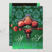 赤い珊瑚のバラ、青黒緑のダマスクモノグラム 招待状 (正面/裏面)