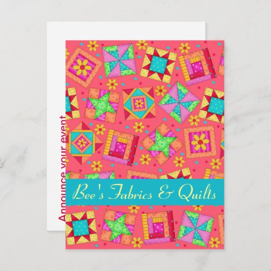 赤い珊瑚のパッチワークキルトの芸術の店の発表 案内ポストカード (正面/裏面)