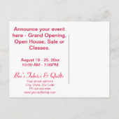 赤い珊瑚のパッチワークキルトの芸術の店の発表 案内ポストカード (裏面)