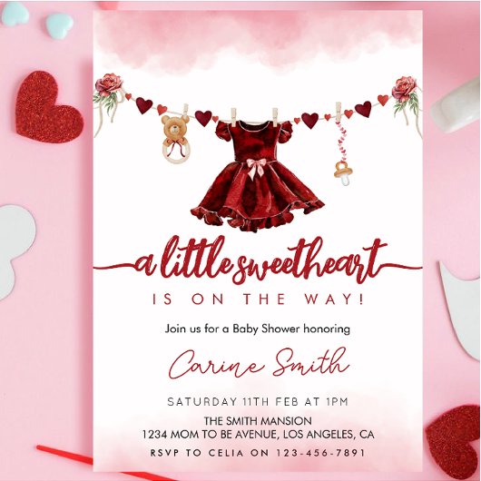 赤い甘いバレンタインの赤ちゃんシャワー 招待状
