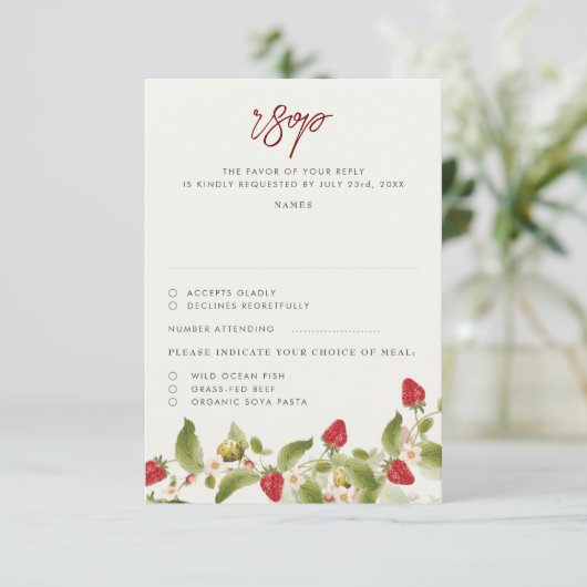 赤い甘い野生のイチゴの結婚花 出欠カード (スタンド正面)
