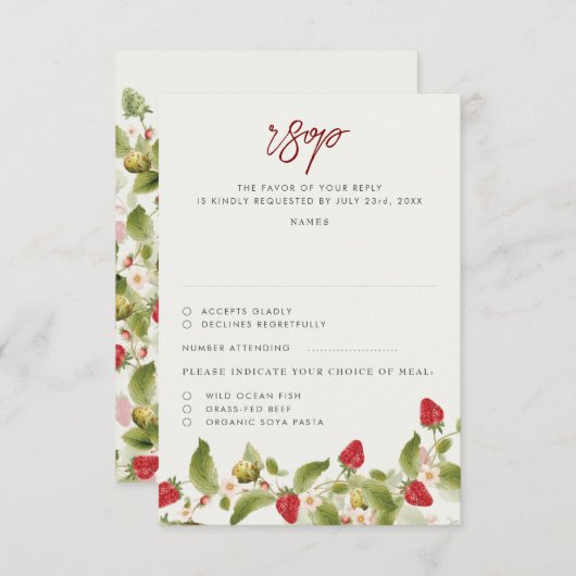 赤い甘い野生のイチゴの結婚花 出欠カード (正面/裏面)