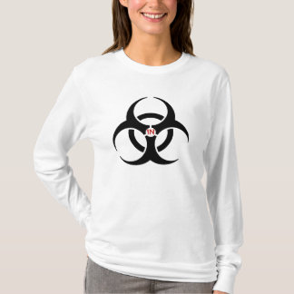 赤い生物学的災害［有害物質］の女性オウムのフード付長いSleevの代理店 Tシャツ