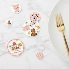 赤い男の子の納屋周囲の庭農場の動物の誕生日 コンフェッティ