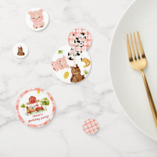 赤い男の子の納屋周囲の庭農場の動物の誕生日 コンフェッティ