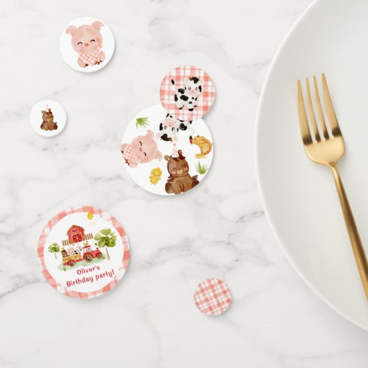 赤い男の子の納屋周囲の庭農場の動物の誕生日 コンフェッティ (グループ)