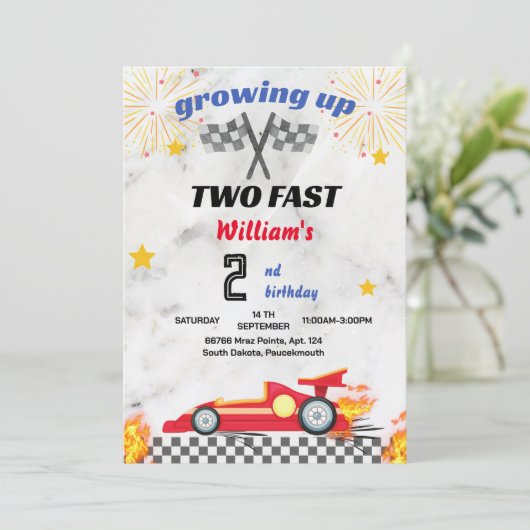 赤い男の子の車レース車2速2番目の誕生日 招待状 (スタンド正面)