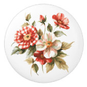 赤い白いギンガムの花 セラミックノブ (正面)