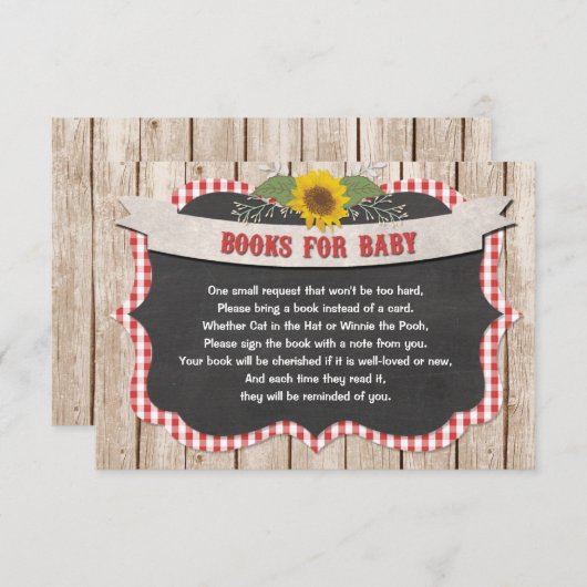 赤い白いギンガムイエローヒマワリの本ベビー エンクロージャーカード (正面/裏面)