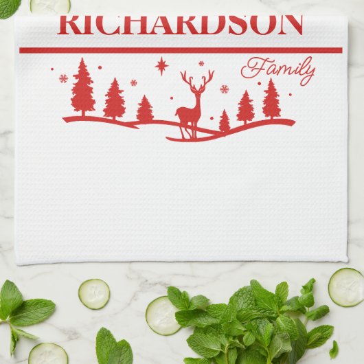 赤い白いクリスマスパーソナライズされたの家族の名前 キッチンタオル (折り畳み)
