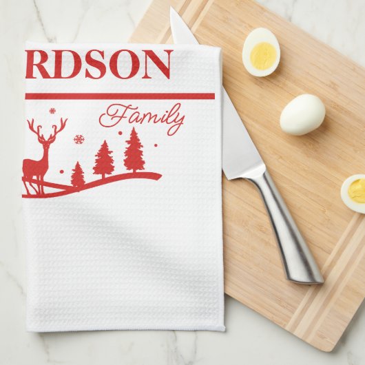 赤い白いクリスマスパーソナライズされたの家族の名前 キッチンタオル (四つ折り)
