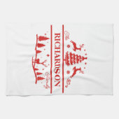 赤い白いクリスマスパーソナライズされたの家族の名前 キッチンタオル (横)
