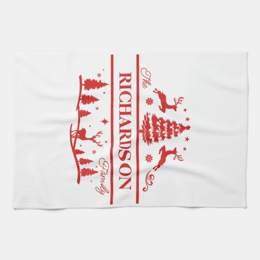 赤い白いクリスマスパーソナライズされたの家族の名前 キッチンタオル (横)