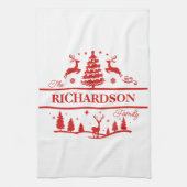 赤い白いクリスマスパーソナライズされたの家族の名前 キッチンタオル (縦)