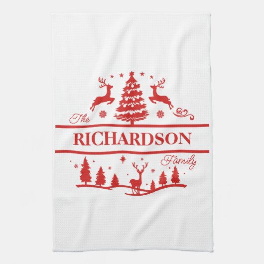 赤い白いクリスマスパーソナライズされたの家族の名前 キッチンタオル (縦)