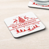 赤い白いクリスマスパーソナライズされたの家族の名前 コースター (左側)