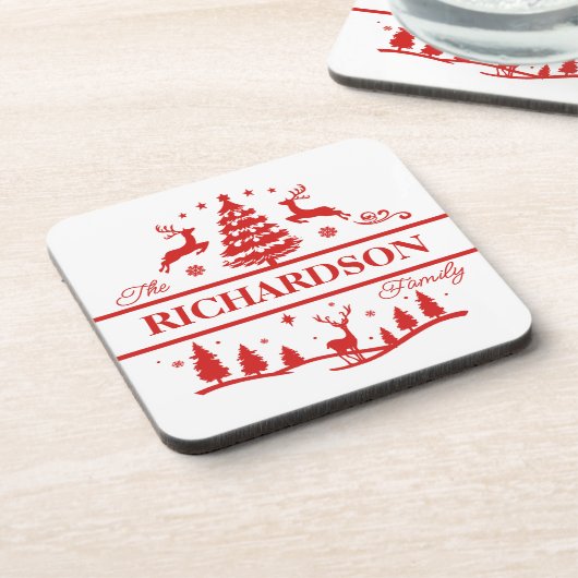 赤い白いクリスマスパーソナライズされたの家族の名前 コースター (左側)