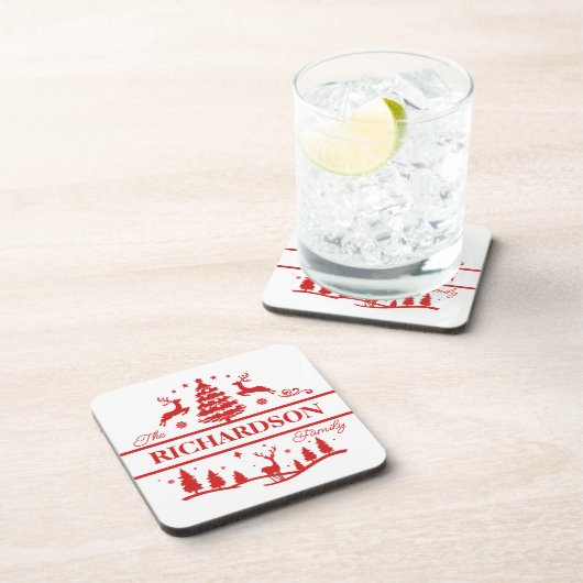赤い白いクリスマスパーソナライズされたの家族の名前 コースター (右側)