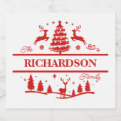 赤い白いクリスマスパーソナライズされたの家族の名前 スパークリングワインラベル (シングルラベル)