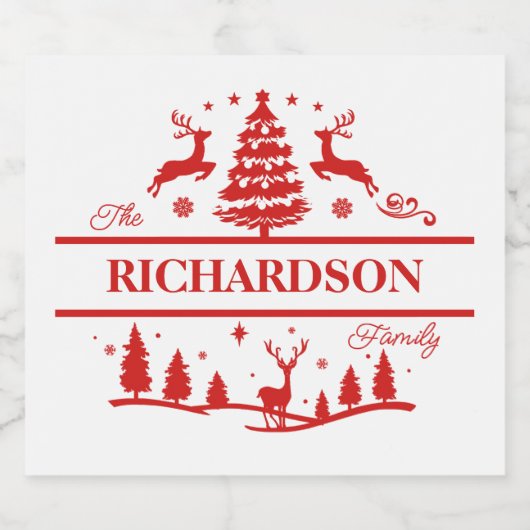 赤い白いクリスマスパーソナライズされたの家族の名前 スパークリングワインラベル (シングルラベル)