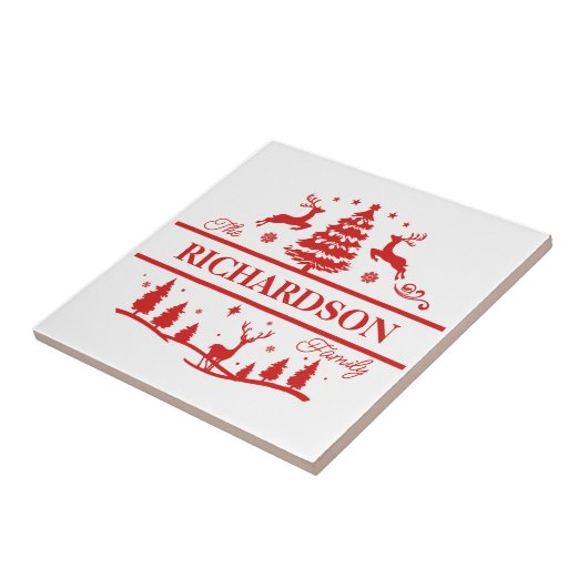 赤い白いクリスマスパーソナライズされたの家族の名前 タイル (側面)