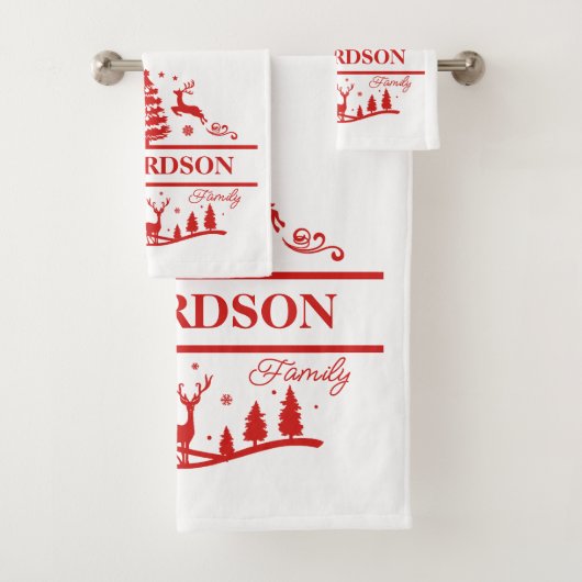 赤い白いクリスマスパーソナライズされたの家族の名前 バスタオルセット (インサイチュ)