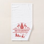 赤い白いクリスマスパーソナライズされたの家族の名前 バスタオルセット (ハンドタオル)