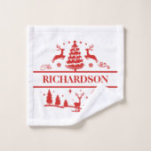 赤い白いクリスマスパーソナライズされたの家族の名前 バスタオルセット (ウォッシュタオル)