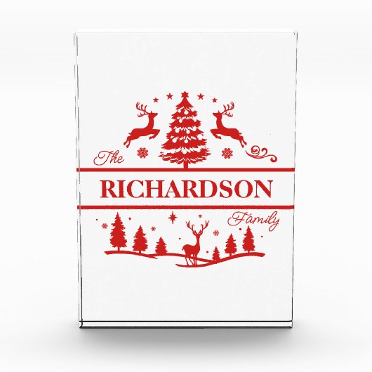 赤い白いクリスマスパーソナライズされたの家族の名前 フォトブロック (正面)