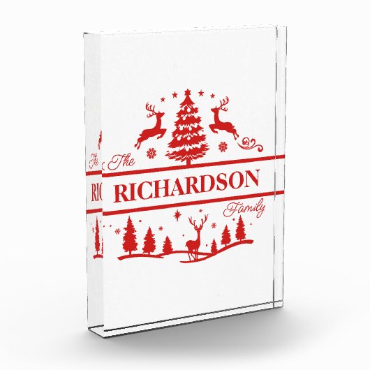 赤い白いクリスマスパーソナライズされたの家族の名前 フォトブロック (左)