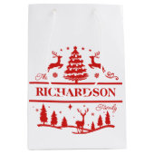 赤い白いクリスマスパーソナライズされたの家族の名前 ミディアムペーパーバッグ (正面)