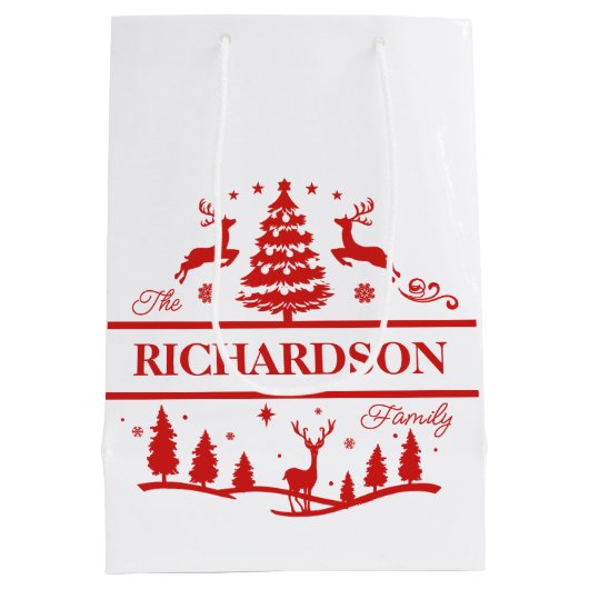 赤い白いクリスマスパーソナライズされたの家族の名前 ミディアムペーパーバッグ (裏面)