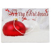 赤い白いクリスマスボールホリデー、メリークリスマス ラージペーパーバッグ (正面)