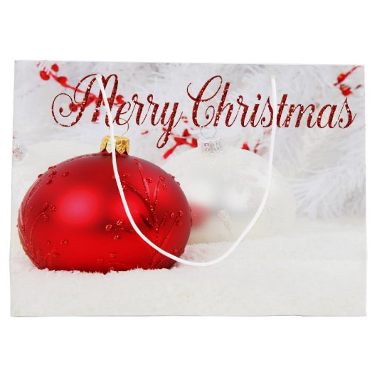 赤い白いクリスマスボールホリデー、メリークリスマス ラージペーパーバッグ (裏面)