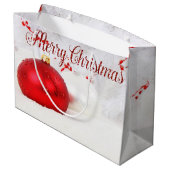 赤い白いクリスマスボールホリデー、メリークリスマス ラージペーパーバッグ (裏面アングル)