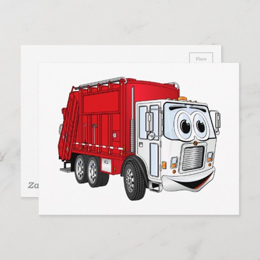 赤い白いゴミのトラックの漫画 ポストカード (正面/裏面)